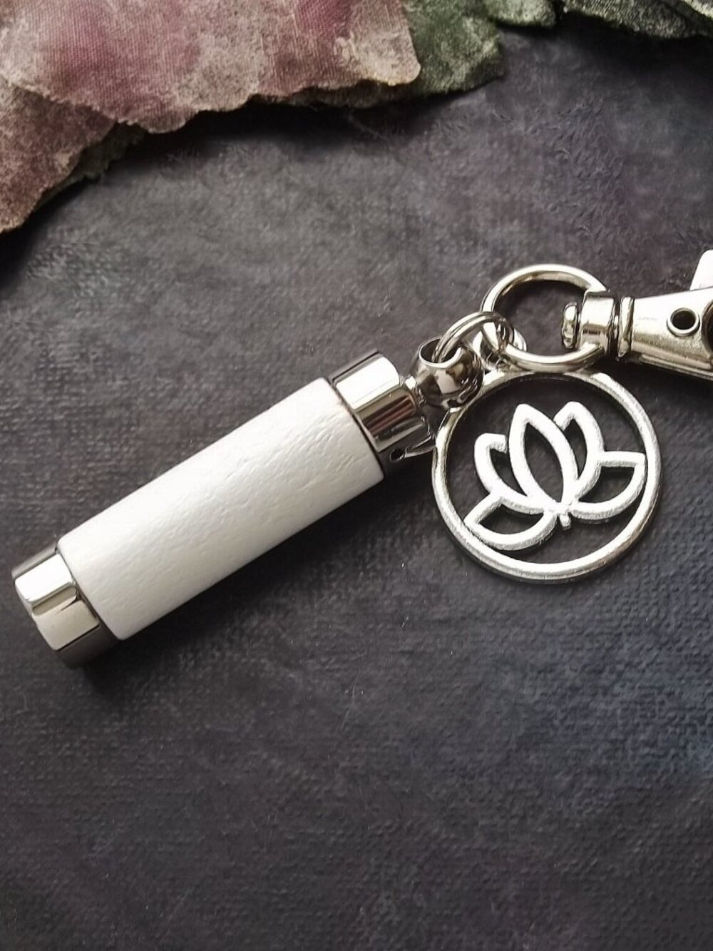 White Wood Stainless Steel Keychain Lotus Flower Locket Capsule Bag Charm